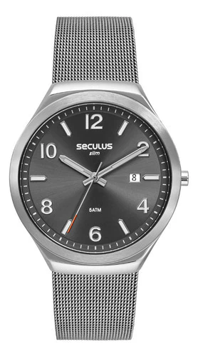 Relógio Seculus Masculino Slim Mesh Malha Prateado Aço Fino Prateado Prateado Cinza