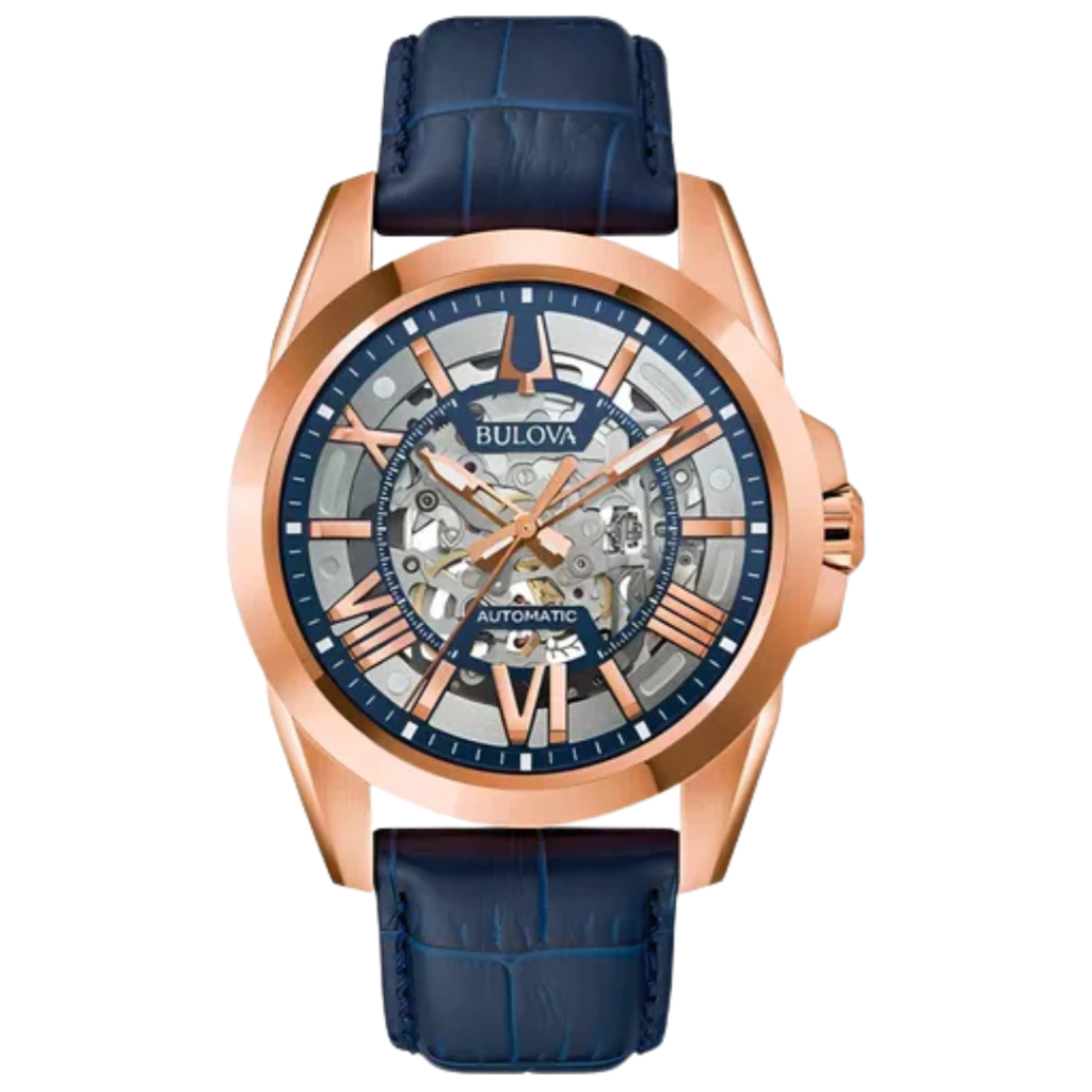 Relógio Bulova Masculino Automático 97a161 Social Rose Cor Da Correia Azul Cor Do Bisel Bronze Cor Do Fundo Esqueleto