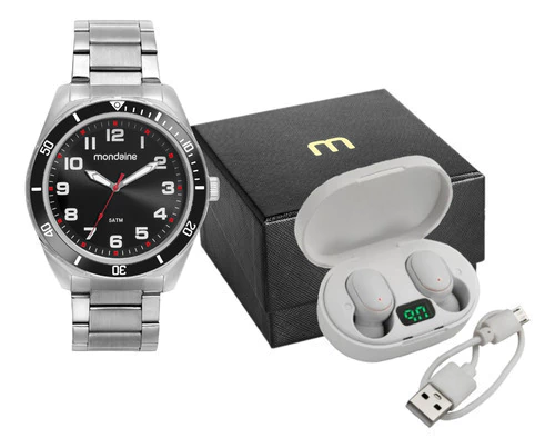 Relógio Mondaine Masculino Prata Aço Preto + Fone De Ouvido Prateado Preto Preto