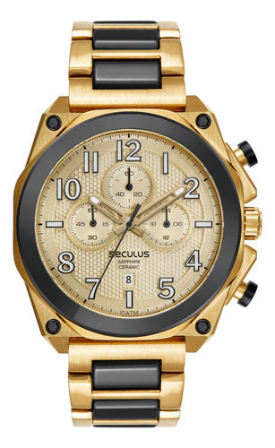 Relógio Seculus Masculino Dourado Cerâmica Preto Cronografo Preto Dourado Dourado