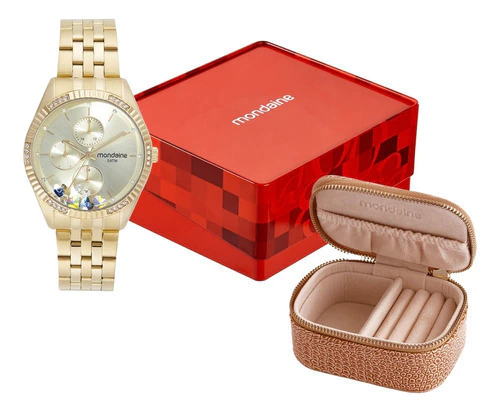 Relogio Mondaine Feminino Dourado Multifunção Pedras Interna Dourado