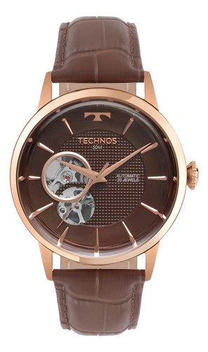 Relógio Technos Masculino Automático Marrom Rose Couro Luxo Marrom Rose Marrom-escuro