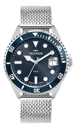 Relógio Technos Acqua Prata Masculino Aço Azul 2415dy/1a Prateado Azul-marinho Azul