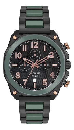 Relógio Masculino Seculus Cronógrafo Cerâmica Preto Verde Preto Verde Preto