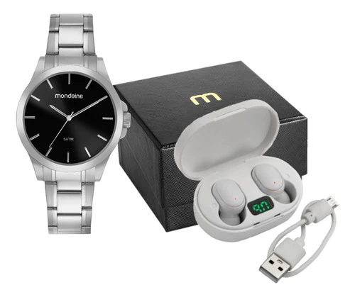 Relógio E Fone De Ouvido Mondaine Masculino Casual Prata Prateado Prateado Preto