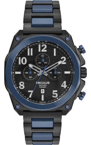 Relógio Seculus Masculino Cerâmica Azul Preto Cronografo Preto Azul Preto