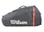 Bolso raquetero Wilson Tour 6PK 2025 de color gris con detalles en rojo y blanco, ideal para transportar raquetas de tenis.