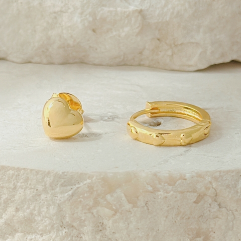 Brinco Duo Coração Argola Banhado a Ouro 18k Hipoalergênico