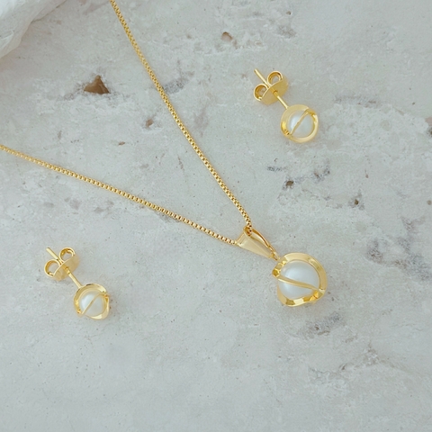 Conjunto Colar Veneziana e Brinco Pérola Banhado a Ouro 18k Hipoalergênico 45cm