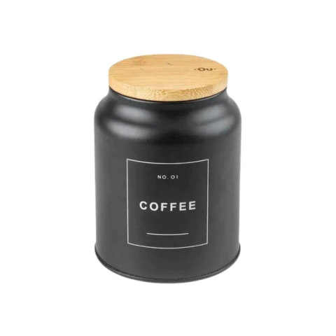 Pote Porta Condimentos De Lata Para Café Tampa De Bambu Preto Ou