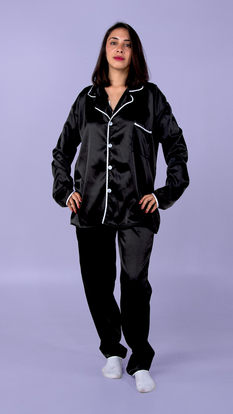 Pijama CAMISERO adulto SATEN INVIERNO - NEGRO - comprar online