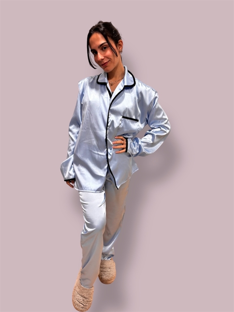 Pijama CAMISERO adulto SATEN INVIERNO - CELESTE - comprar online