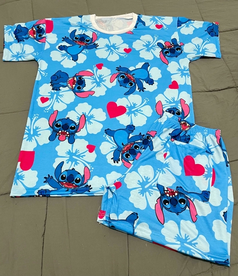 Pijama adulto verano FULL PRINT con bolsillo STITCH CELESTE FLOR HAWAII - comprar online