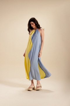 Vestido FL Longo Bicolor - Azul e Amarelo