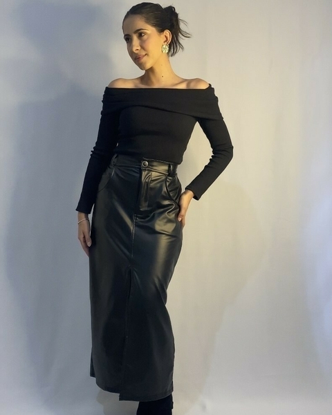 Saia Héracles Midi Couro Preta - comprar online