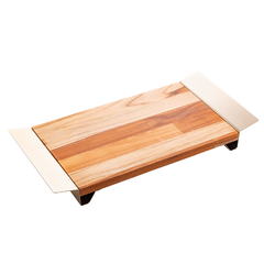 Bandeja de Madeira com Alça de Aço Inox Teca Champanhe 51cm x 25cm x 5cm - Wolff Craft
