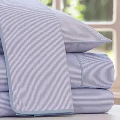 JOGO DE LENÇOL PERCAL 100% ALGODÃO STRIPES COM BARRADO AZUL SOLTEIRO