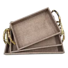 RE CJ. DE BANDEJAS DE MADEIRA MARROM COM ALA DE BAMBU - 3PCS