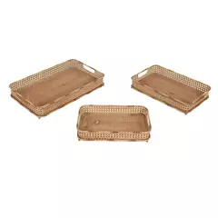 CJ DE BANDEJAS DE RATTAN E MADEIRA MARROM 3PCS