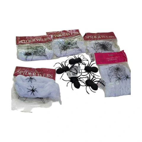 Kit Decoração Halloween 5 Teias +5 Aranhas de Borracha