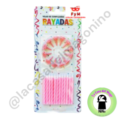 VELAS RAYADAS ROSAS C/12 BASES - Blister x 24 u (VTR6MU)