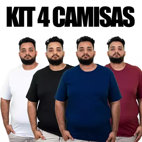 Kit 4 Camisas Plus Size Masculina Lisa Algodão Premium