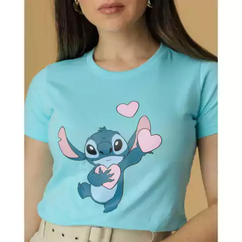 Camiseta Feminina Lilo & Stitch Coração Blusa T-shirt Algodão Azul Capri Lançamento - comprar online
