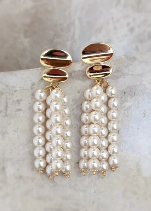 Brinco Raízes de Cachos de Pérolas Grande Banho Ouro 18K