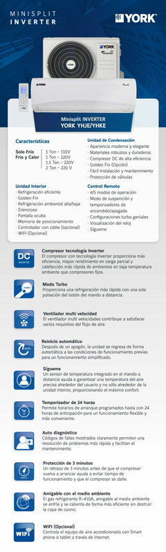 MINISPLIT INVERTER YORK 1 TONELADA 110 V FRÍO Y CALOR6 - Emporio de México SA de CV