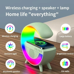 Carregador wireless, relógio, speaker e iluminador de ambiente, USB, RGB.