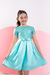Vestido festa na cor verde água com renda na blusa e manga, laço bordado na cintura e saia de prega - Princesa Manny