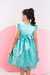 Vestido festa na cor verde água com renda na saia e manga, faixa na cintura e saia com franzida - loja online