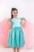 Vestido festa na cor verde água com renda na saia e manga, faixa na cintura e saia com franzida - Princesa Manny