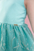 Imagem do Vestido festa na cor verde água com renda na saia e manga, faixa na cintura e saia com franzida