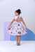 Vestido infantil estampado com manga copinho, laço bordado na cintura e saia franzida - loja online
