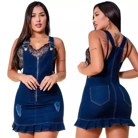 Jardineira Escura Jeans Com Lycra