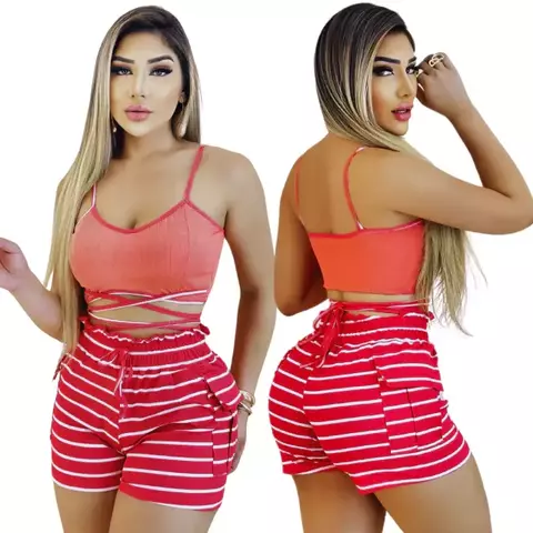 Conjunto Feminino Top com Alça e Short Ajustável Listrado