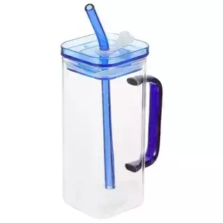 Copo De Vidro Com Canudo E Tampa Azul