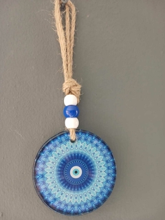 COLGANTE OJO TURCO VIDRIO DECO CON HILO YUTE MEDIANO 20CM