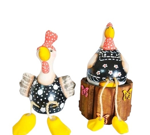 Casal de Galinha Crista Pés Balançando Cerâmica Decoração