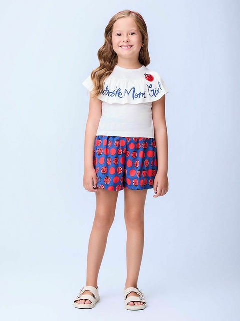 Conjunto Infantil Blusa Babado e Short Azul com Estampa - MOMI H5728