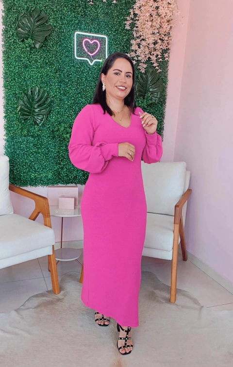 VESTIDO LONGO MANGA LONGA ROSA