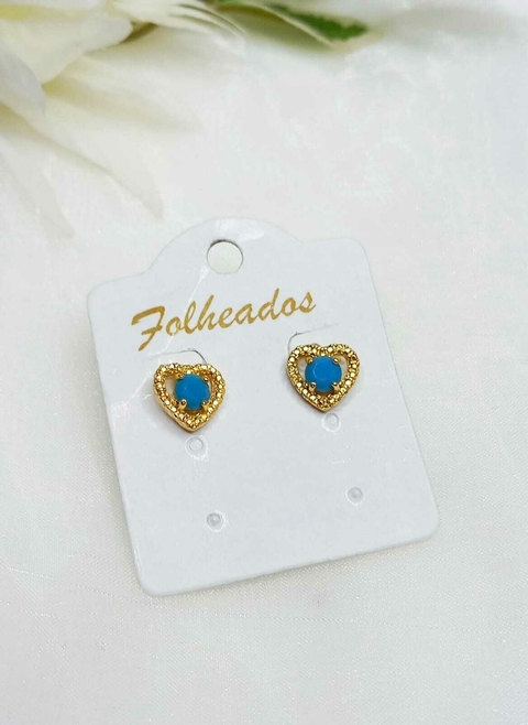 Brinco Coração com pedrinha Azul Folheado a Ouro 18K