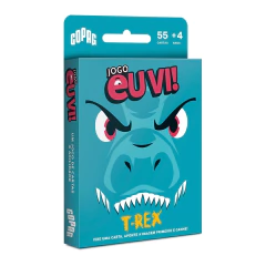 Caixa do jogo de cartas Eu Vi! T-Rex com ilustração de um dinossauro azul agressivo e texto em cores vibrantes
