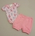 Conjunto body manga curta estampado rosa com gatinhos e shorts canelado rosa