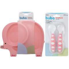 Kit Pratinho Elefante Com Divisórias mais Kit Talher Buba