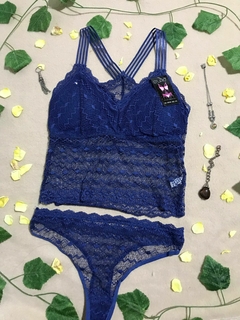 CONJUNTO TODO ENCAJE CORPIÑO + LESS AZUL