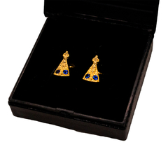 Brinco Nossa Senhora Cravejado Zircônia Azul Banhado A Ouro 18k