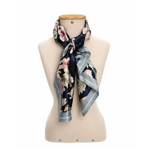 Lenço Cetim Estampado Azul Floral