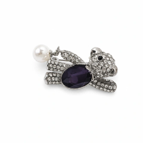 Broche Urso com Pérola Prateado